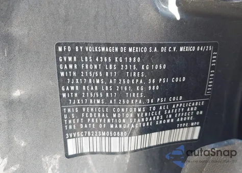 2025 Volkswagen Taos 1.5T S from USA, damaged, VIN 3VV5C7B22SM050680
